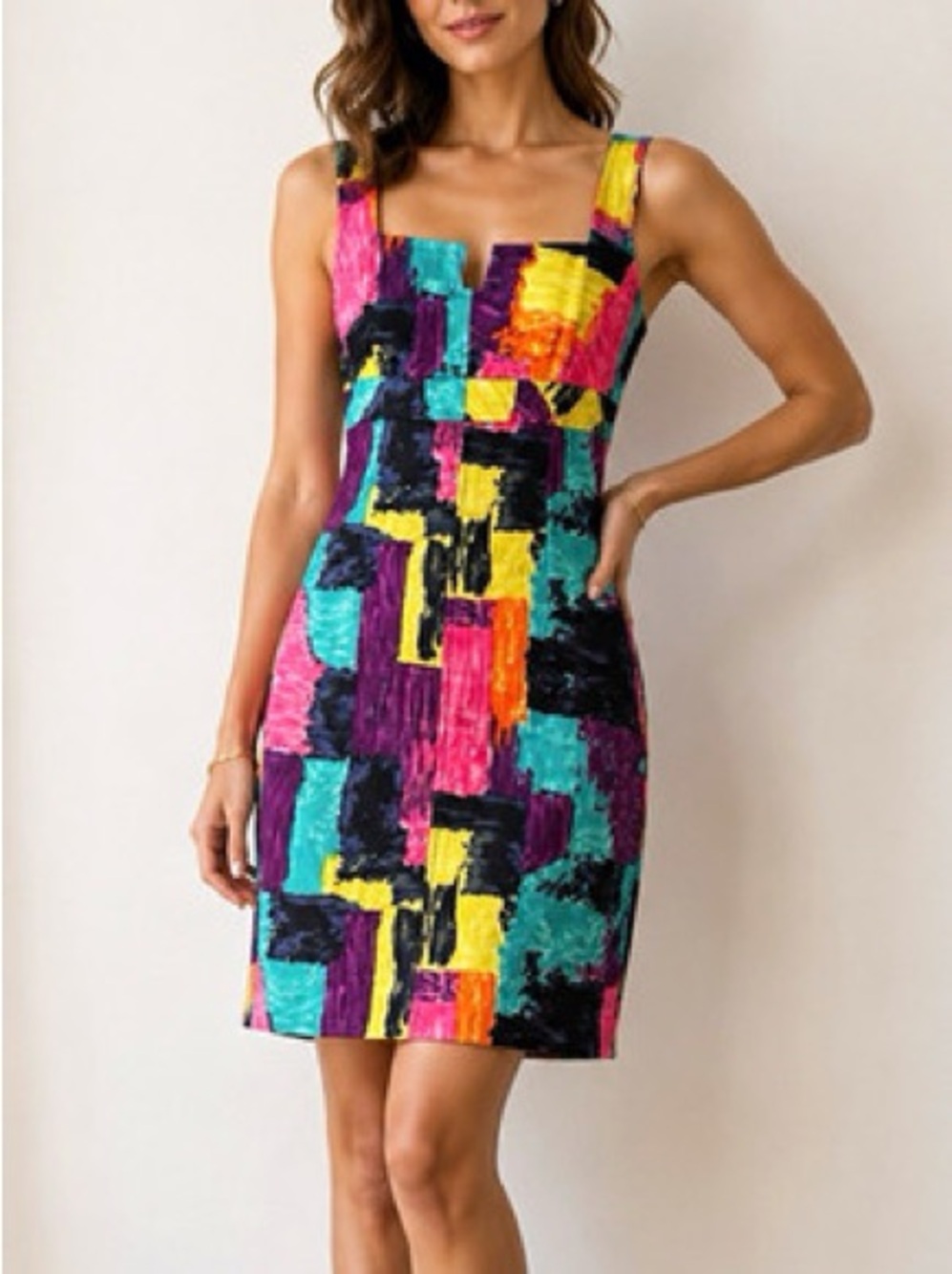 Trina Turk Silk Blend Colorblock Square Neck Sheath Dress - Multicolor